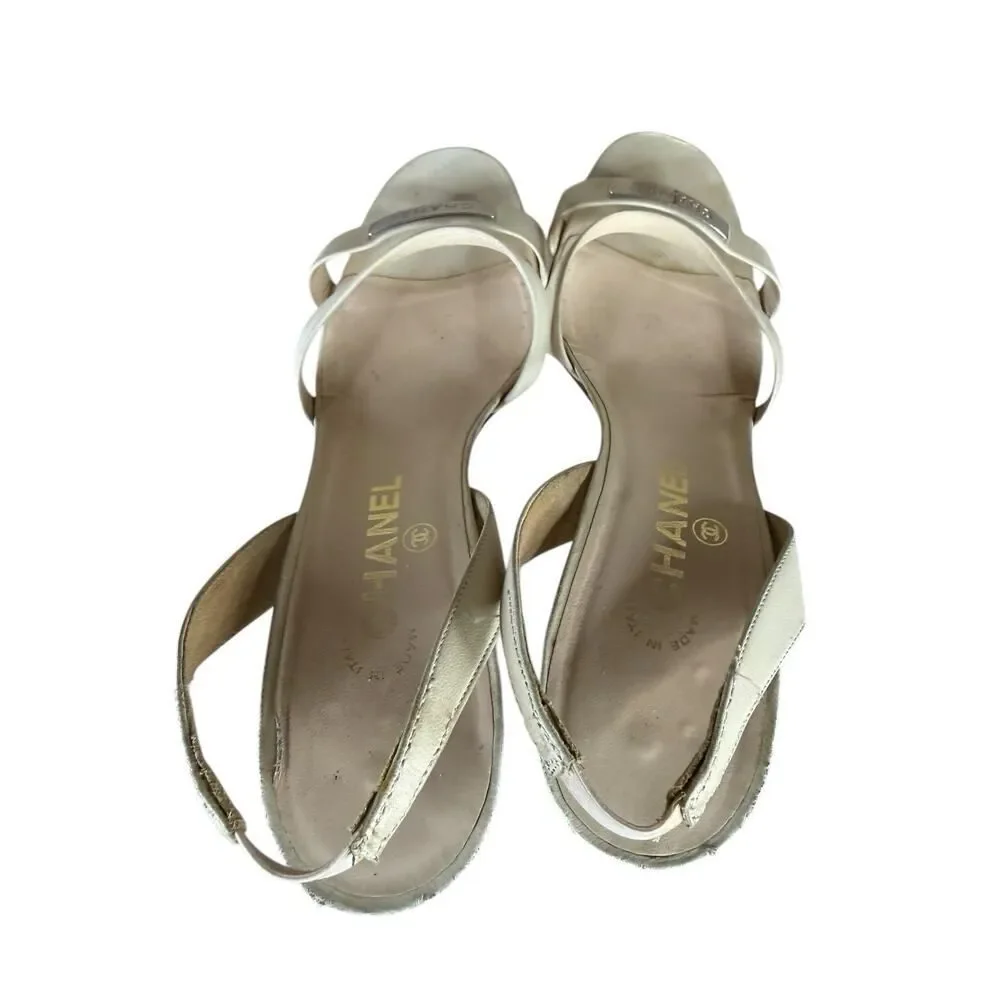 Chanel Ivory Leather Slingback Heels Logo Strap Sandals EU 39 US 8.5